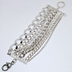 Silver Multi Strand Chain Bracelet Rhinestone Chunky Statement